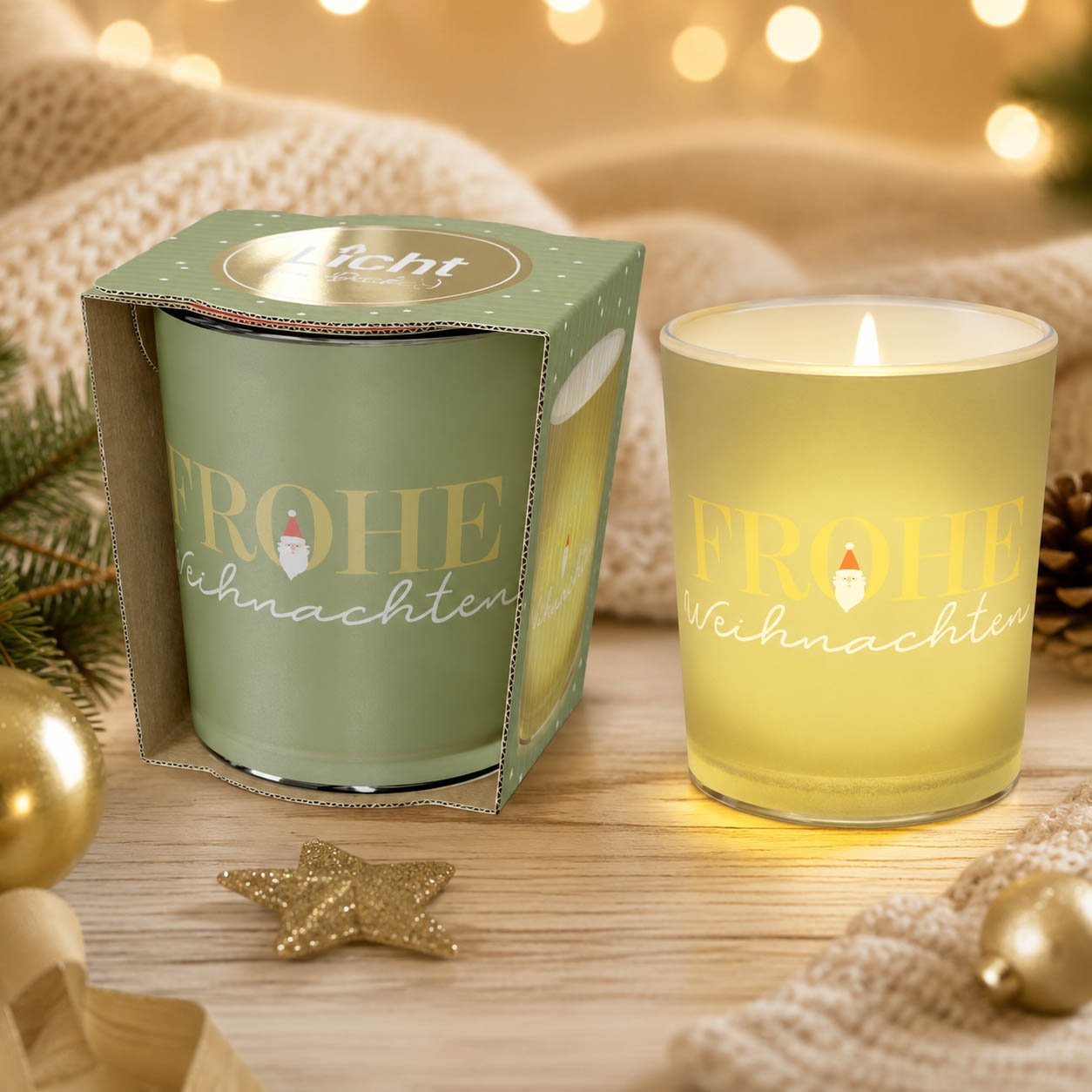 Windlicht mit Spruch »Frohe Weihnachten« – Stimmungsbild