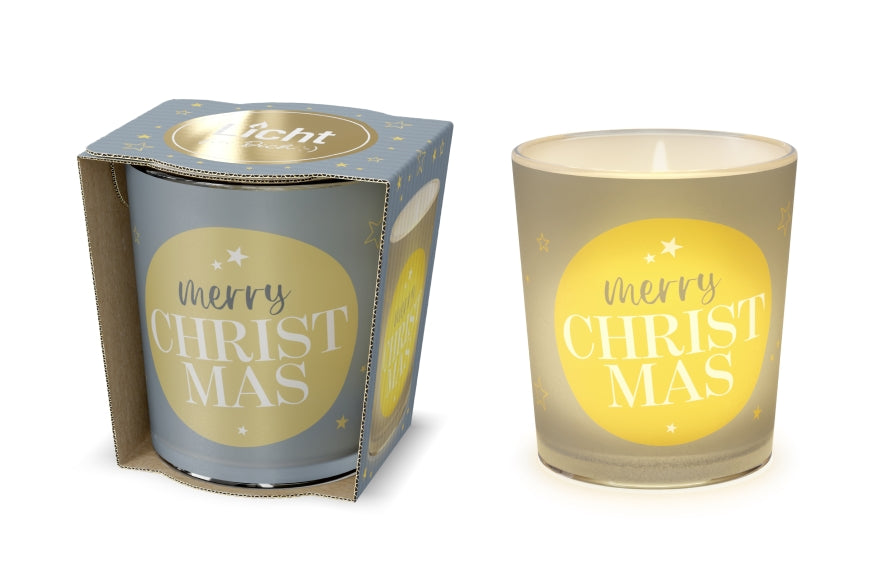 Windlicht mit Spruch »Merry Christmas« – Glas mit Weihnachtskugel-Motiv, leuchtend, im Geschenkkarton