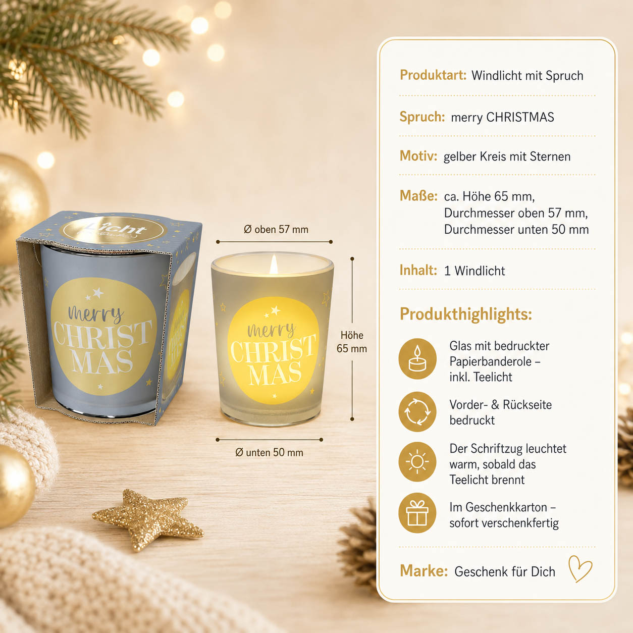 Windlicht mit Spruch »Merry Christmas« – Produkt-Highlights, Maße, inkl. Teelicht