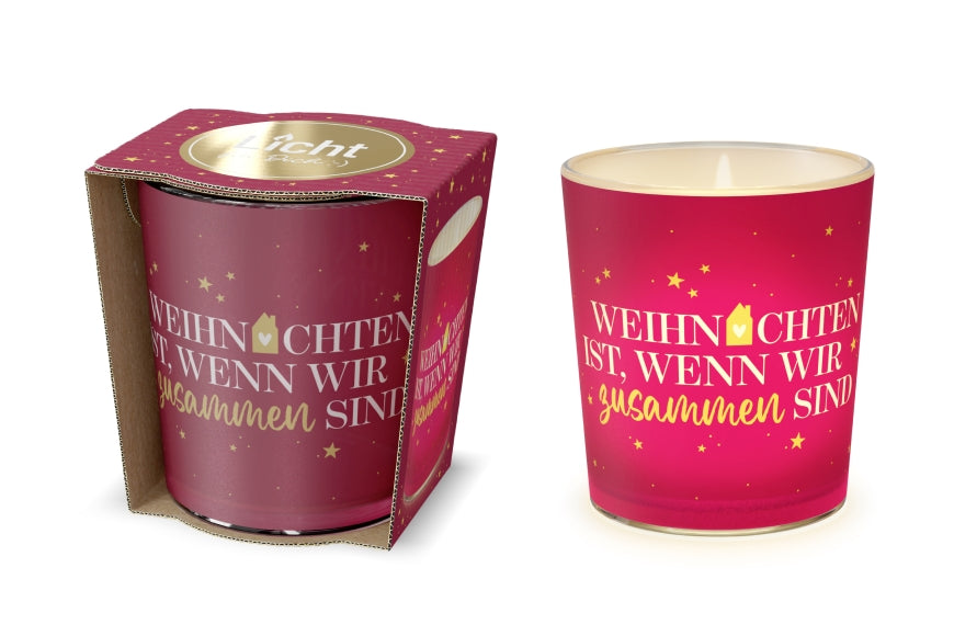 Windlicht mit Spruch »Weihnachten ist, wenn wir zusammen sind« – Glas mit Haus-Motiv, leuchtend, im Geschenkkarton