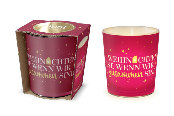Windlicht mit Spruch »Weihnachten ist, wenn wir zusammen sind« – Glas mit Haus-Motiv, leuchtend, im Geschenkkarton