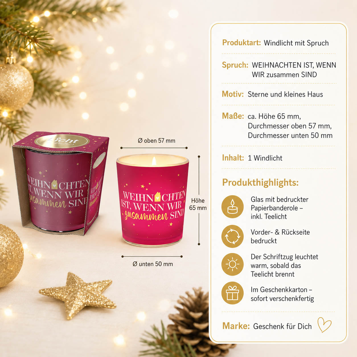 Windlicht mit Spruch »Weihnachten ist, wenn wir zusammen sind« – Produkt-Highlights, Maße, inkl. Teelicht