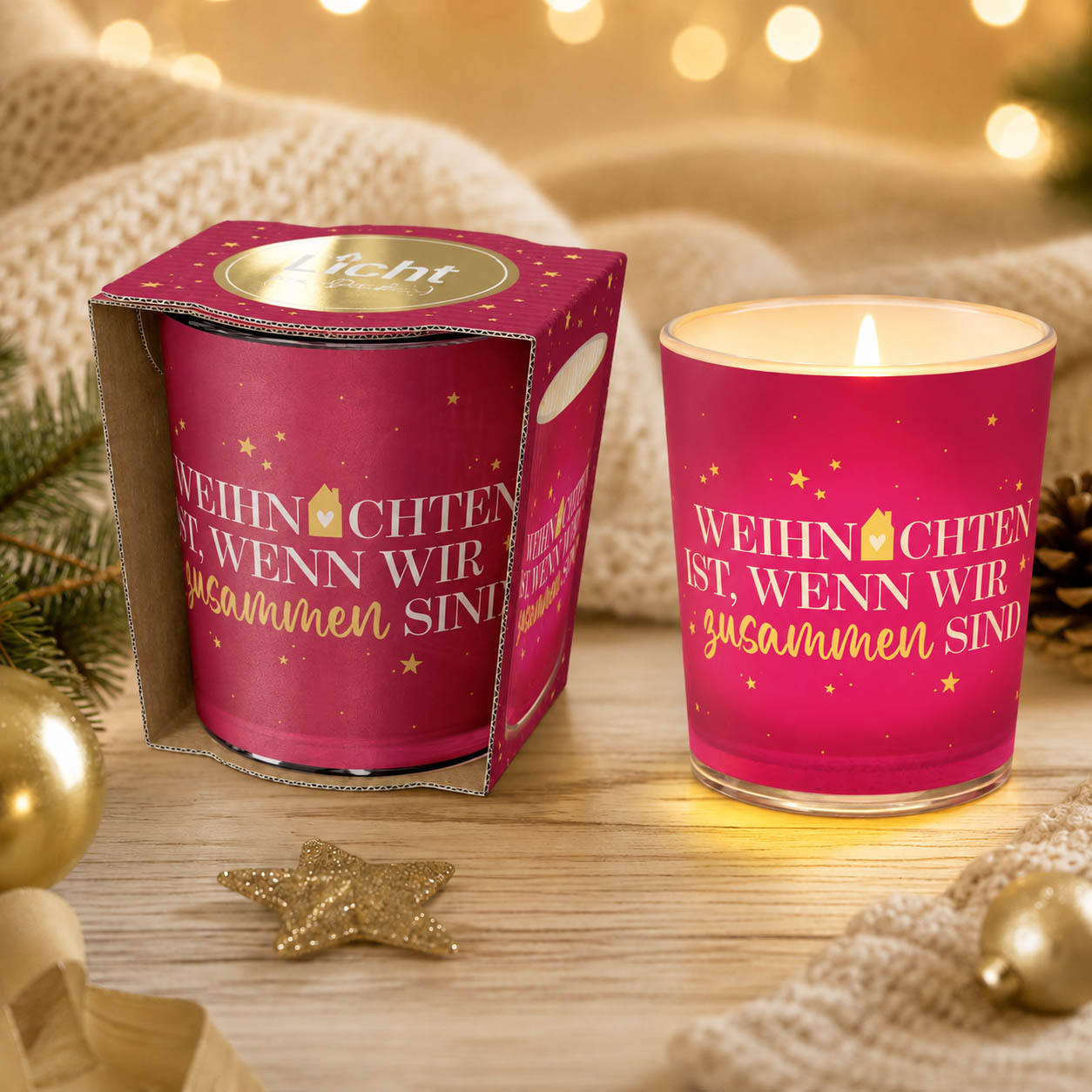 Windlicht mit Spruch »Weihnachten ist, wenn wir zusammen sind« – Stimmungsbild