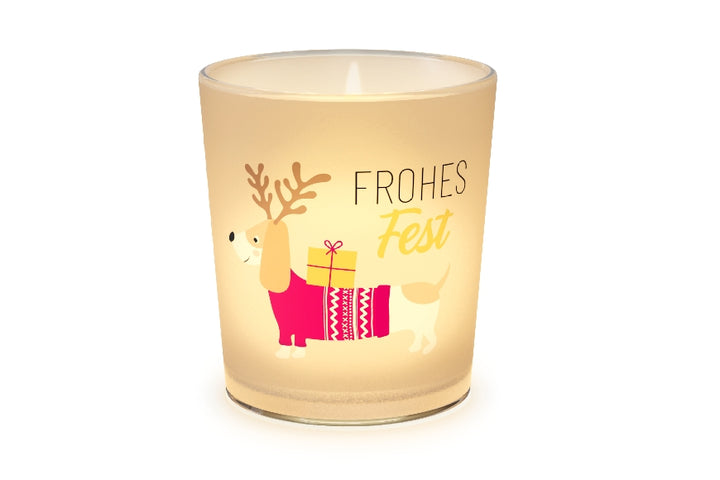 Geschenk für Dich Windlicht mit Aufschrift Frohes Fest und weihnachts-Dackel Motiv
