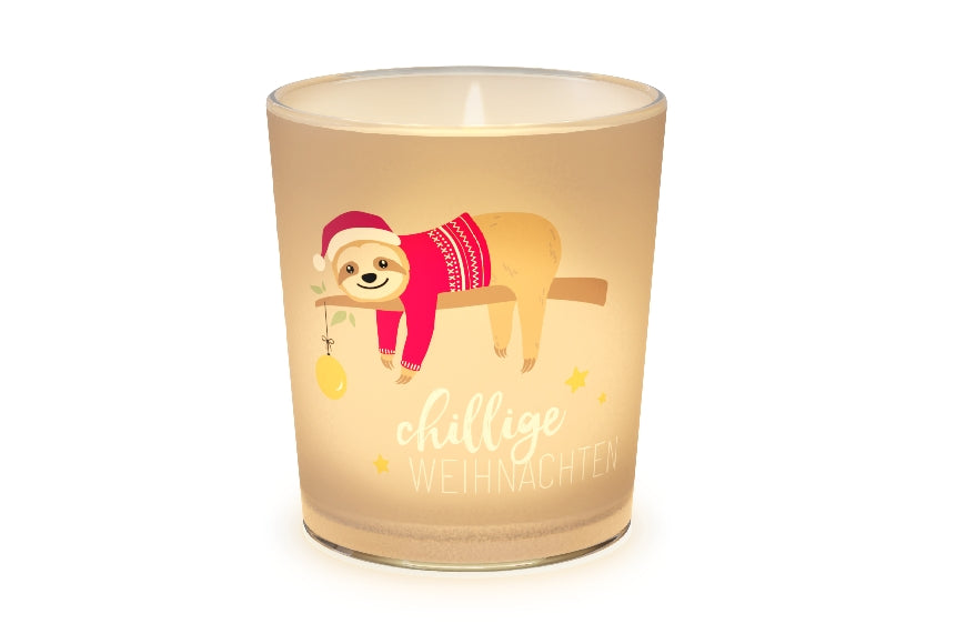 Geschenk für Dich Windlicht mit Aufschrift Chillige Weihnachten und süßen Faultier Motiv
