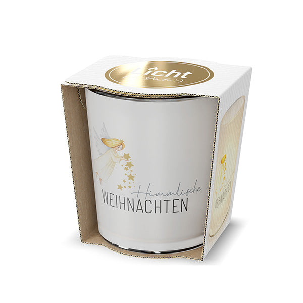 Windlicht mit Aufschrift Himmlische Weihnachten und Engel als Motiv von Geschenk für Dich