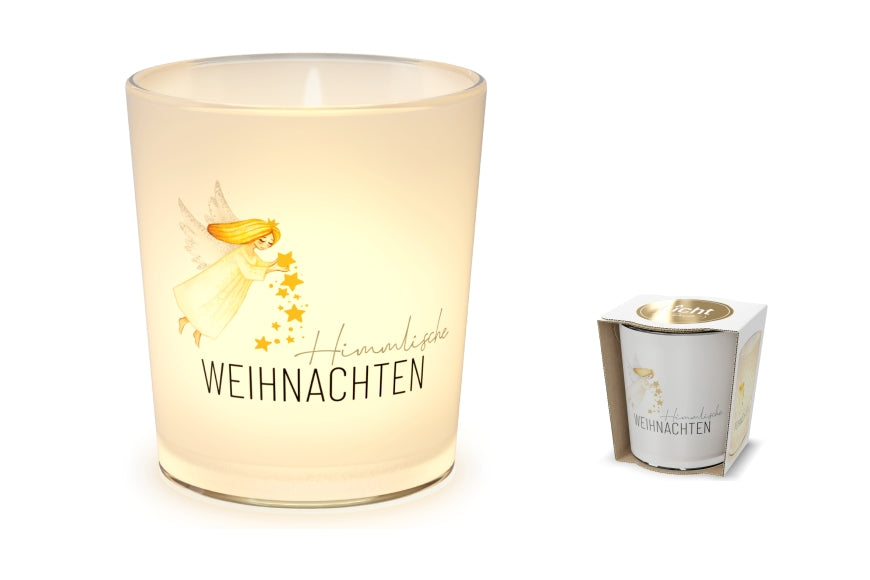 Windlicht mit Aufschrift Himmlische Weihnachten und Engel als Motiv von Geschenk für Dich