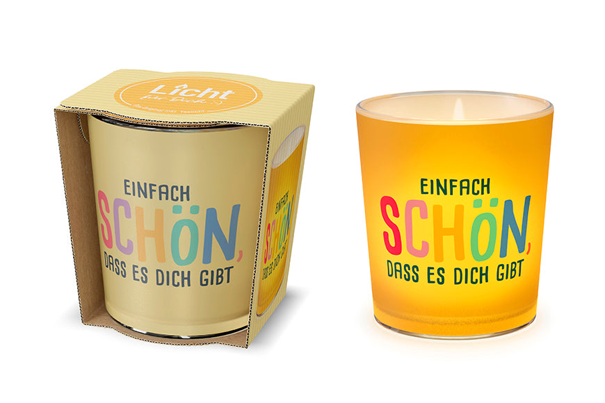 Gelbes Windlicht mit buntem Schriftzug Einfach schön dass es dich gibt – Happy Greetings