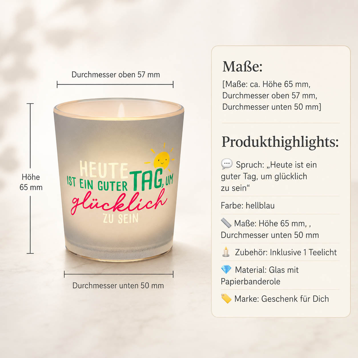 Hellblaues Windlicht mit lachender Sonne und Spruch Heute ist ein guter Tag um glücklich zu sein – Happy Greetings - Maße