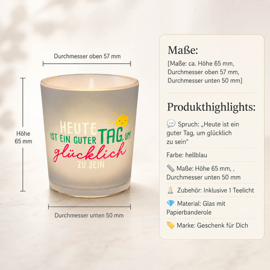 Hellblaues Windlicht mit lachender Sonne und Spruch Heute ist ein guter Tag um glücklich zu sein – Happy Greetings - Maße
