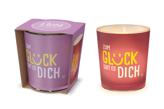 Violettes Windlicht mit Smiley-Schriftzug Zum Glück gibt es Dich und kleinem Herz – Happy Greetings