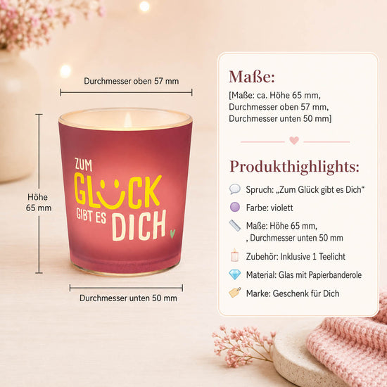 Windlicht mit Smiley-Schriftzug Zum Glück gibt es Dich und kleinem Herz mit Maßen und Produkthighlights – Happy Greetings