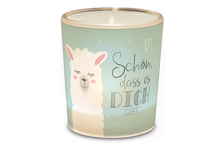 Windlicht mit Lama-Motiv & Spruch „Schön, dass es Dich gibt“