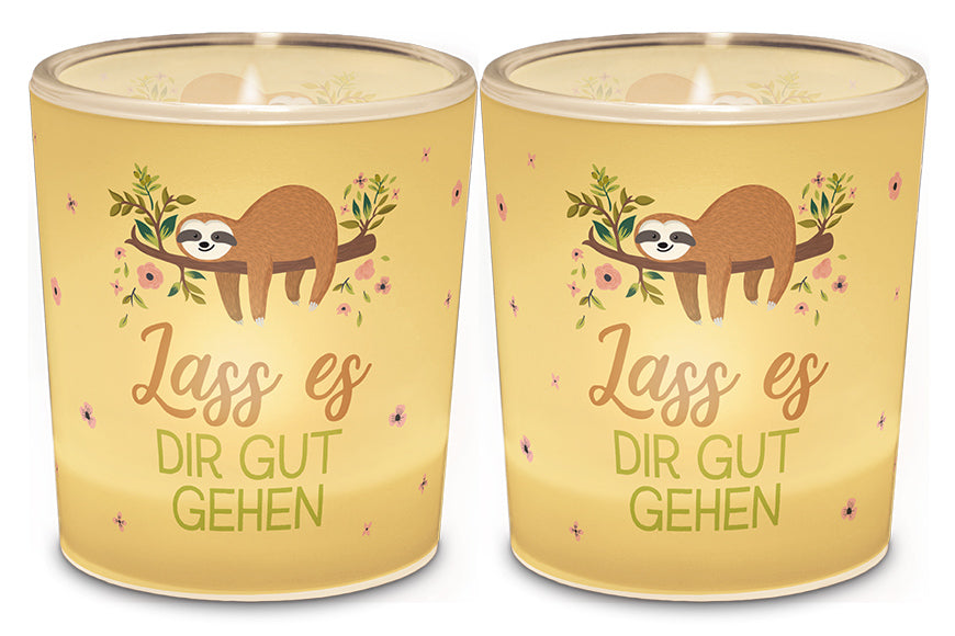Windlicht aus Glas mit Faultier-Motiv und Spruch Lass es Dir gut gehen, Vorder- & Rückseite