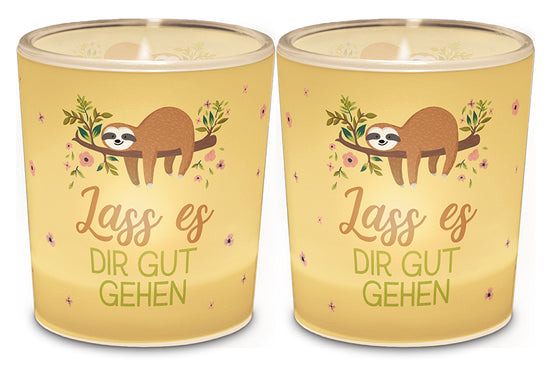 Windlicht aus Glas mit Faultier-Motiv und Spruch Lass es Dir gut gehen, Vorder- & Rückseite