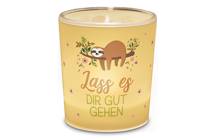 Windlicht aus Glas mit Faultier-Motiv und Spruch Lass es Dir gut gehen