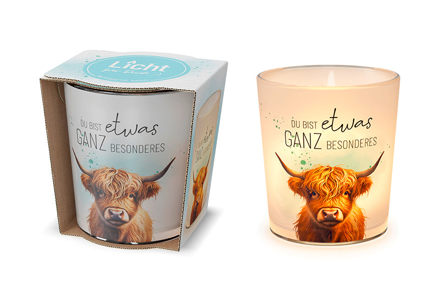 Windlicht „Du bist etwas ganz Besonderes“ von Geschenk für Dich mit süßen Hochlandrind-Motiv