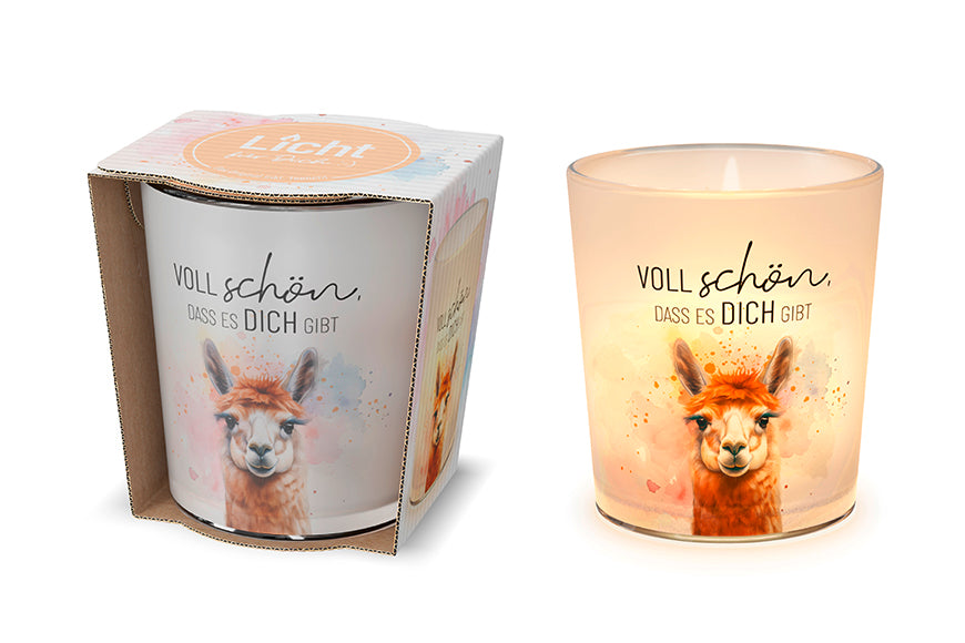  Windlicht „Voll schön, dass es Dich gibt“ von Geschenk für Dich mit süßen Alpaka-Motiv 