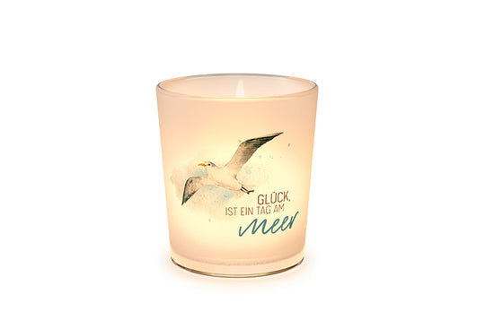 Maritimes Windlicht mit Motiv Möwe und Spruch „Glück ist ein Tag am Meer“ von Geschenk für Dich