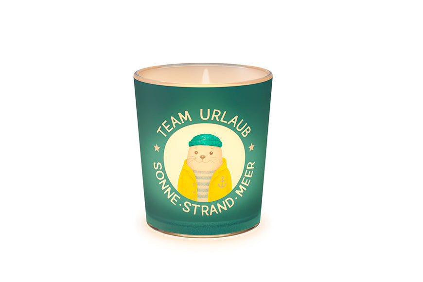 Maritimes Glas-Windlicht mit Seehund-Motiv und Urlaubs-Spruch „Team Urlaub – Sonne – Strand – Meer“ von Geschenk für Dich