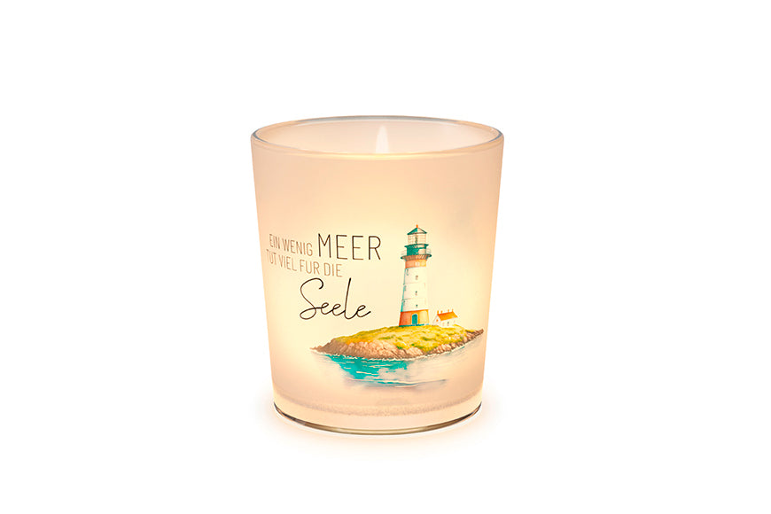 Maritimes Glas-Windlicht mit Leuchtturm-Motiv und inspirierendem Spruch „Ein wenig Meer tut viel für die Seele“ von Geschenk für Dich