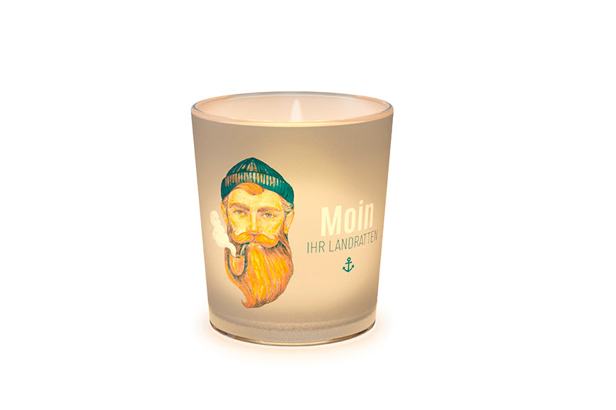 Maritimes Glas-Windlicht mit Seemann-Motiv und nordischem Spruch „Moin ihr Landratten“ von Geschenk für Dich