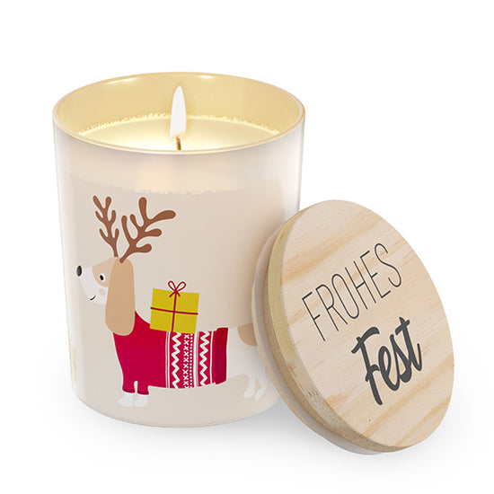 Vanille Duftkerze Frohes Fest – Weihnachtskerze mit Dackel Motiv – Malou Home Design®