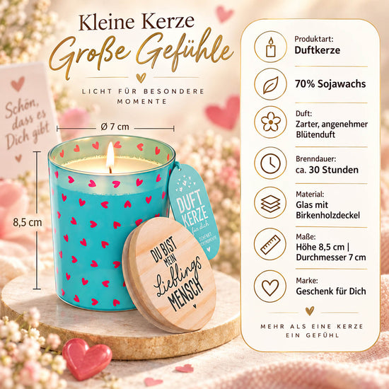 Infografik Duftkerze „Du bist mein Lieblingsmensch“: 70 % Sojawachs, Blütenduft, ca. 30 Stunden Brenndauer, Glas mit Birkenholzdeckel, Höhe 8,5 cm, Durchmesser 7 cm