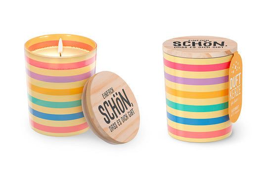 Duftkerze mit Spruch „Einfach schön, dass es Dich gibt“ – gelbes Glas mit Regenbogen-Streifen, Birkenholzdeckel mit Spruch, Freisteller, Geschenk für Dich Happy Greetings, 651272