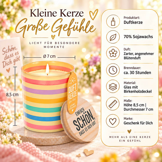 Infografik Duftkerze „Einfach schön, dass es Dich gibt“: 70 % Sojawachs, Blütenduft, ca. 30 Stunden Brenndauer, Glas mit Birkenholzdeckel, Höhe 8,5 cm, Durchmesser 7 cm