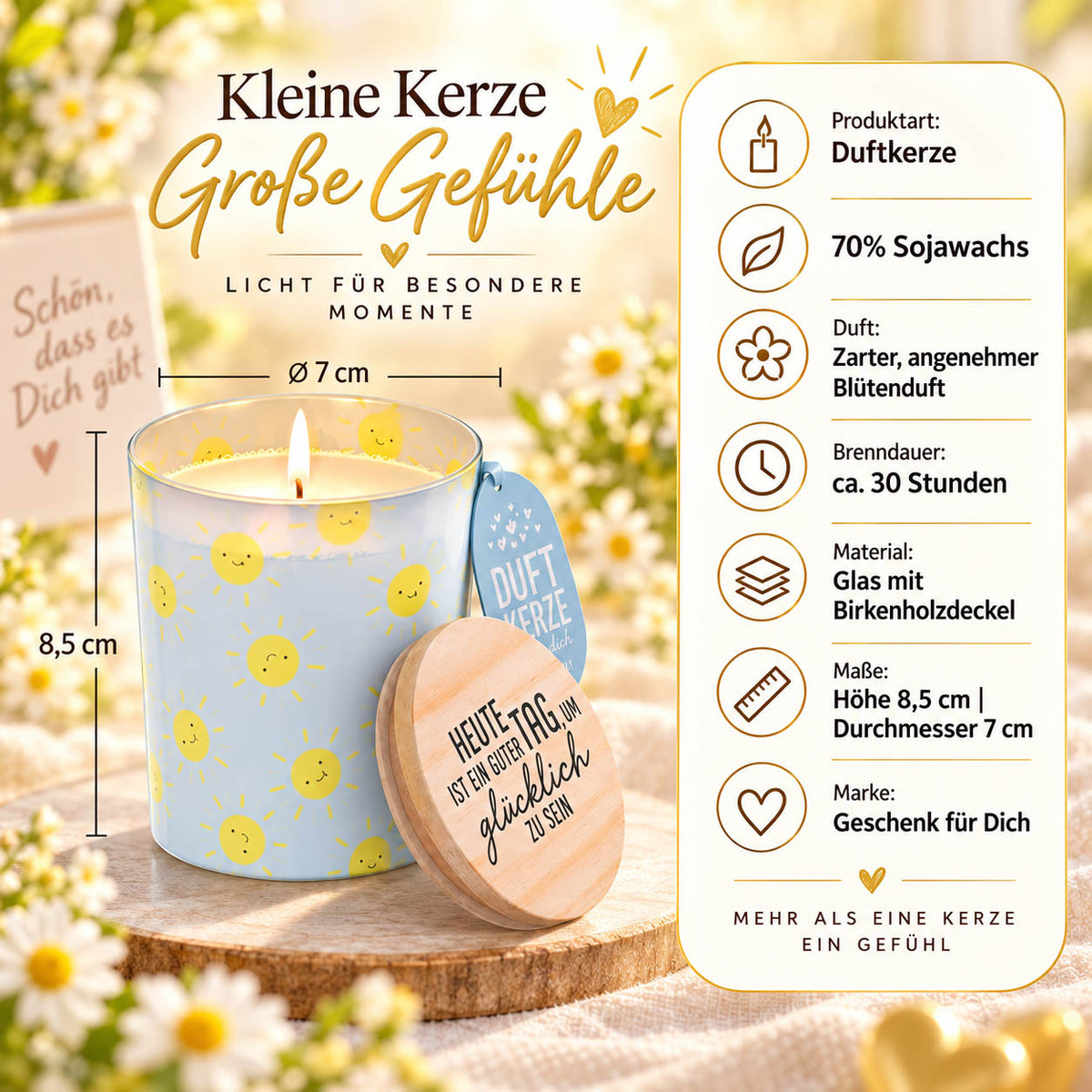 Infografik Duftkerze „Heute ist ein guter Tag, um glücklich zu sein“: 70 % Sojawachs, Blütenduft, ca. 30 Stunden Brenndauer, Glas mit Birkenholzdeckel, Höhe 8,5 cm, Durchmesser 7 cm