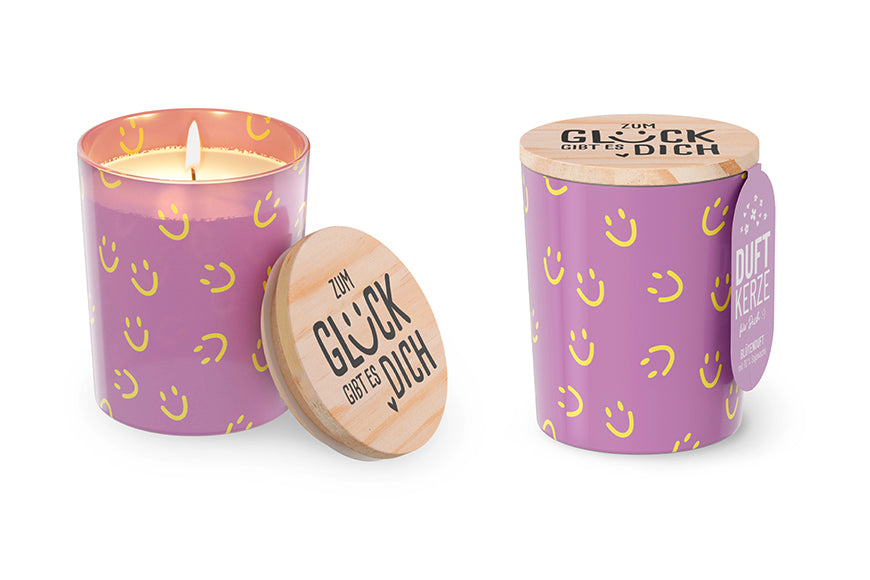 Duftkerze mit Spruch „Zum Glück gibt es Dich“ – lila Glas mit gelben Smileys, Birkenholzdeckel mit Spruch, Freisteller, Geschenk für Dich Happy Greetings, 651274