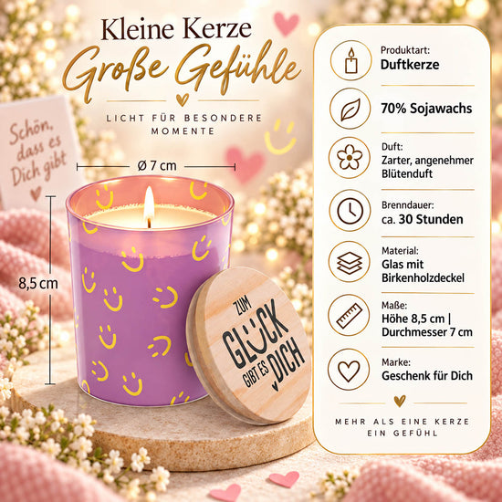 Infografik Duftkerze „Zum Glück gibt es Dich“: 70 % Sojawachs, Blütenduft, ca. 30 Stunden Brenndauer, Glas mit Birkenholzdeckel, Höhe 8,5 cm, Durchmesser 7 cm
