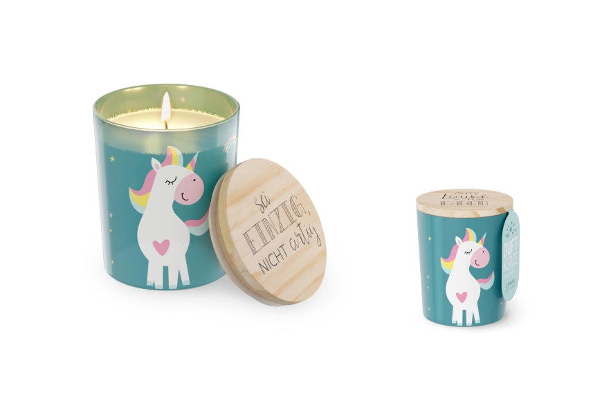 651582 Geschenk für Dich Duftkerze im türkisfarbenen Windlichtglas mit Spruch Gute Laune für Dich mit Einhorn Motiv, 4027268334100