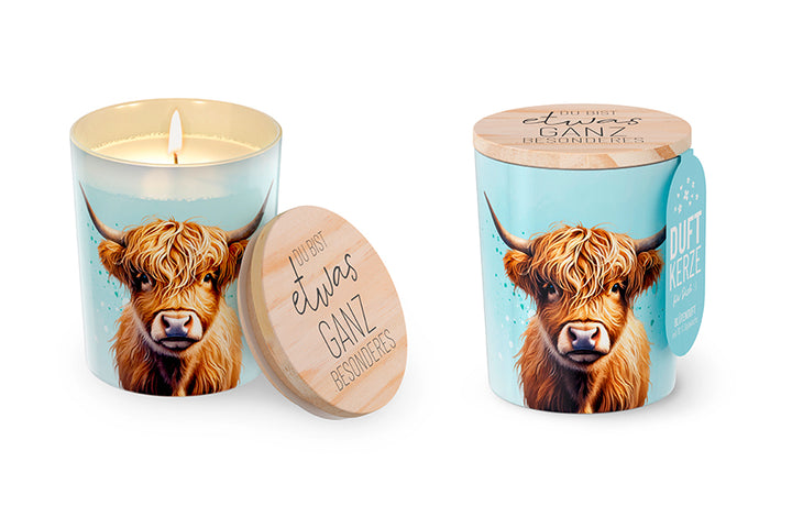 Duftkerze mit Hochlandrind-Motiv und liebevollem Spruch "Du bist etwas ganz besonderes" von Geschenk für Dich