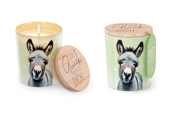 Duftkerze mit Esel-Motiv und liebevollem Spruch „Zum Glück gibt es Dich“ von Geschenk für Dich