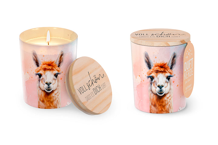 Duftkerze mit süßem Alpaka Lama Motiv und liebevollen Spruch „Voll schön, dass es Dich gibt“ von Geschenk für Dich