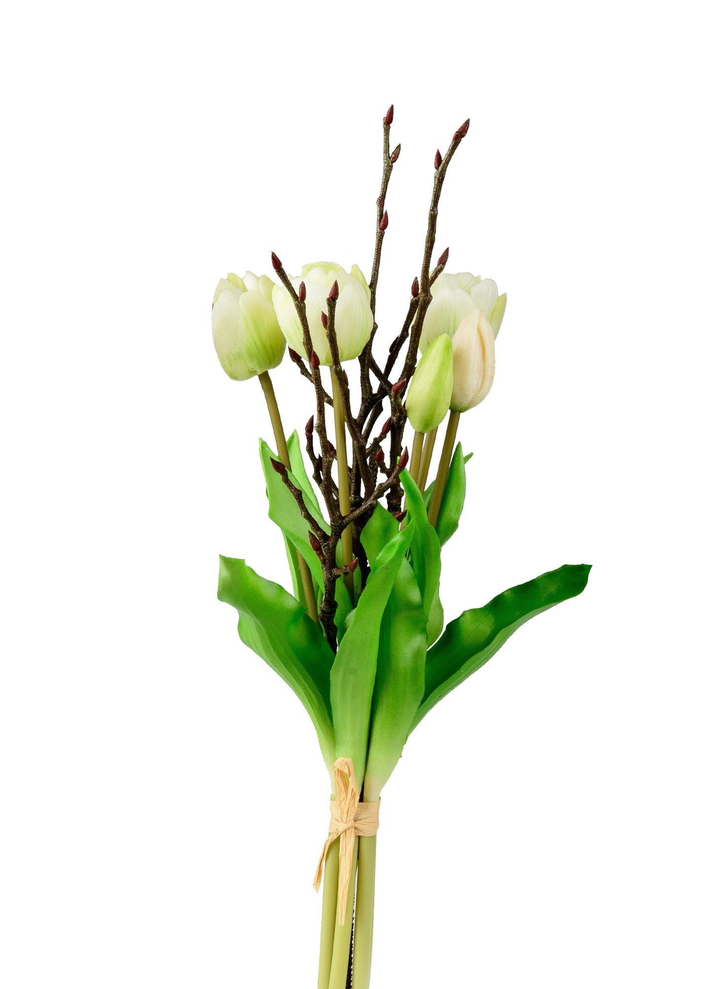  Künstliches Tulpenbündel weiß mit Zweigen 3 Blüten 2 Knospen Höhe 42cm von Formano 