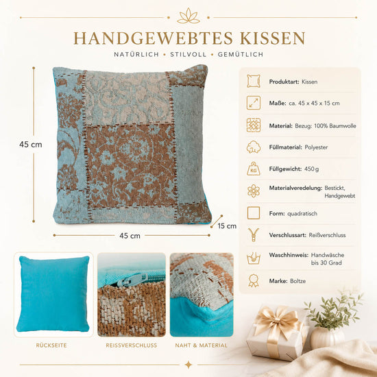 Produktdetails Kissen türkis petrol: 45x45x15 cm, Bezug 100 % Baumwolle, Füllung 450 g, Reißverschluss, Handwäsche bis 30 Grad