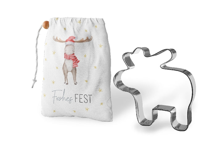 Geschenk für Dich Keksform Ausstechform Elch inkl. Rezept im Beutelchen mit süßem Weihnachts-Elch-Motiv & Aufschrift „Frohes Fest“.