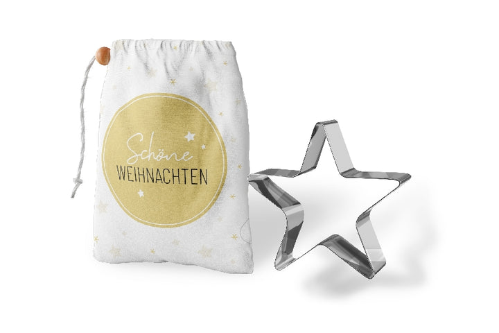Geschenk für Dich Keksform Ausstechform Stern inkl. Rezept im Beutelchen mit goldenem Sterne-Motiv & Aufschrift „Schöne Weihnachten“.