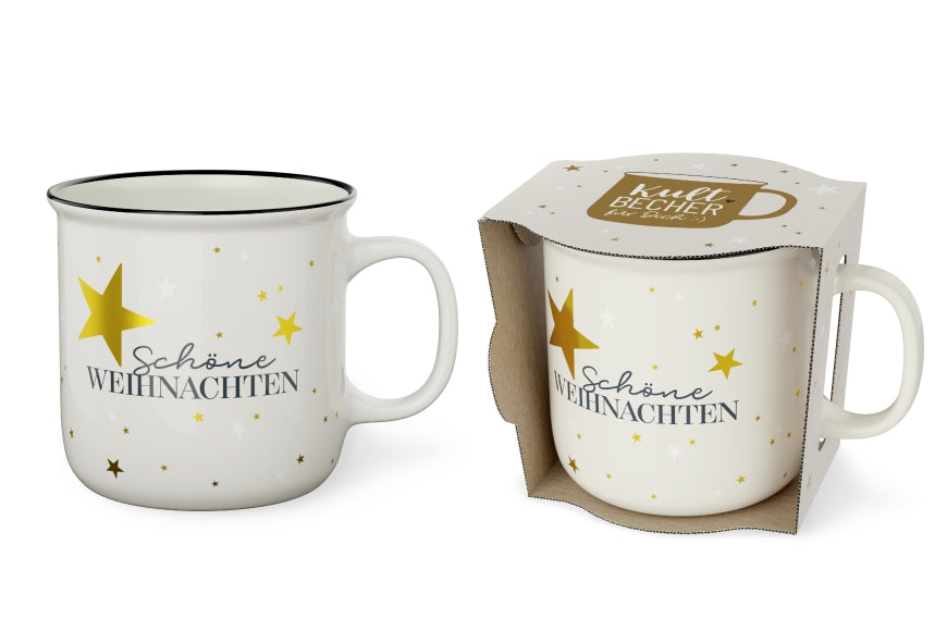 Kultbecher mit Spruch Schöne Weihnachten in Cremeweiß mit goldenen Sternen, New Bone China 250 ml – Geschenk für Dich