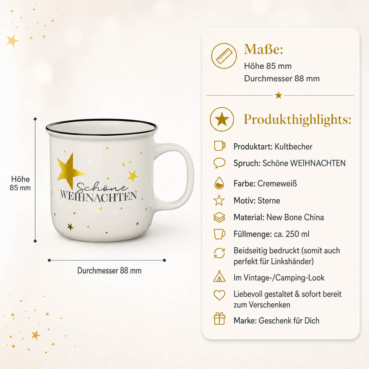 Kultbecher Schöne Weihnachten – Maße und Produkthighlights, 250 ml New Bone China