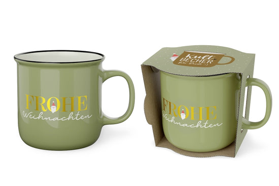 Kultbecher mit Spruch Frohe Weihnachten in Salbeigrün mit Weihnachtsmann, New Bone China 250 ml – Geschenk für Dich