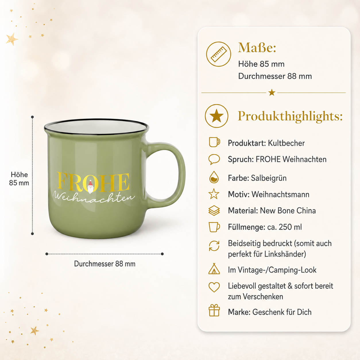 Kultbecher Frohe Weihnachten – Maße und Produkthighlights, 250 ml New Bone China