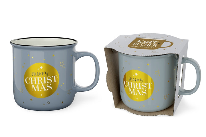 Kultbecher mit Spruch Merry Christmas in Blaugrau mit goldenem Kreis, New Bone China 250 ml – Geschenk für Dich