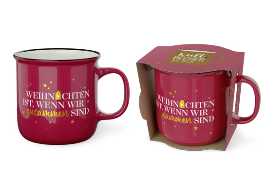Kultbecher mit Spruch Weihnachten ist wenn wir zusammen sind in Bordeauxrot mit goldenen Sternen, New Bone China 250 ml – Geschenk für Dich