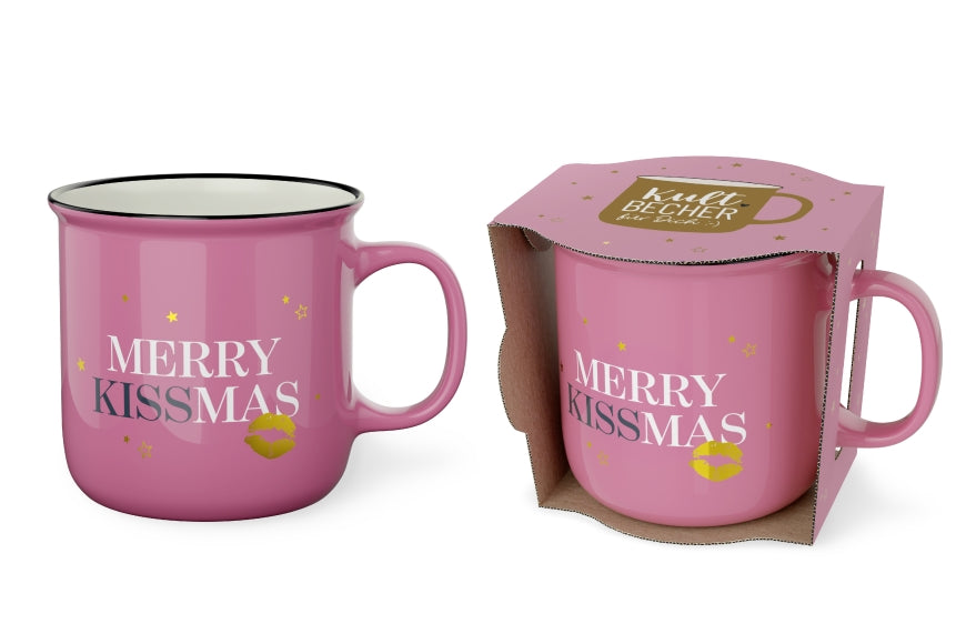 Kultbecher Merry Kissmas in Rosa mit goldenem Kussmund und Sternen, New Bone China, 250 ml – Geschenk für Dich
