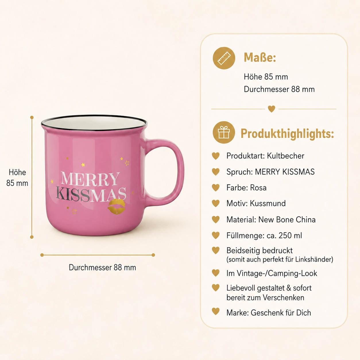 Kultbecher Merry Kissmas – Produkthighlights, Höhe 85 mm Durchmesser 88 mm, 250 ml, beidseitig bedruckt, Motiv Kussmund
