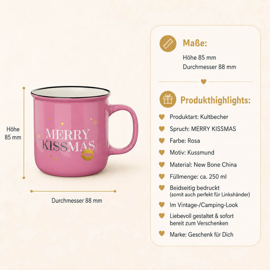 Kultbecher Merry Kissmas – Produkthighlights, Höhe 85 mm Durchmesser 88 mm, 250 ml, beidseitig bedruckt, Motiv Kussmund